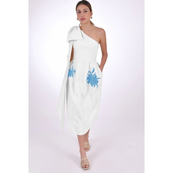 Fanm Mon Idyl White Midi Dress Floral Embroidered One Shoulder‎ Bow Size XL NWT